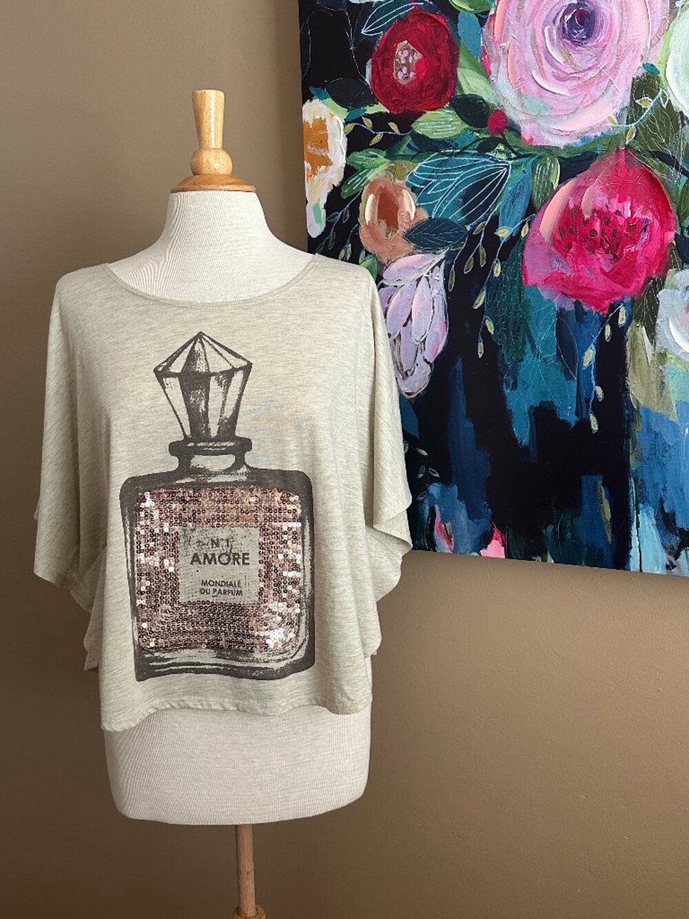 L.O.L Vintage Sequin Perfume Bottle Top XL Gray Draped Tee Amore Graphic